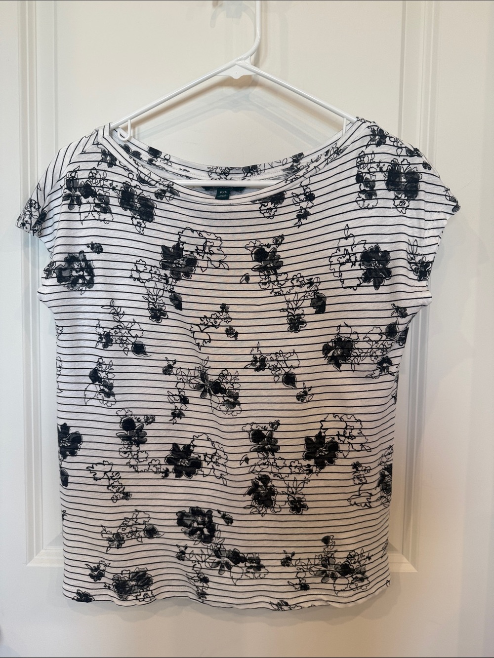 Ralph Lauren White Short-Sleeve Crewneck Top with Black Floral Stripes